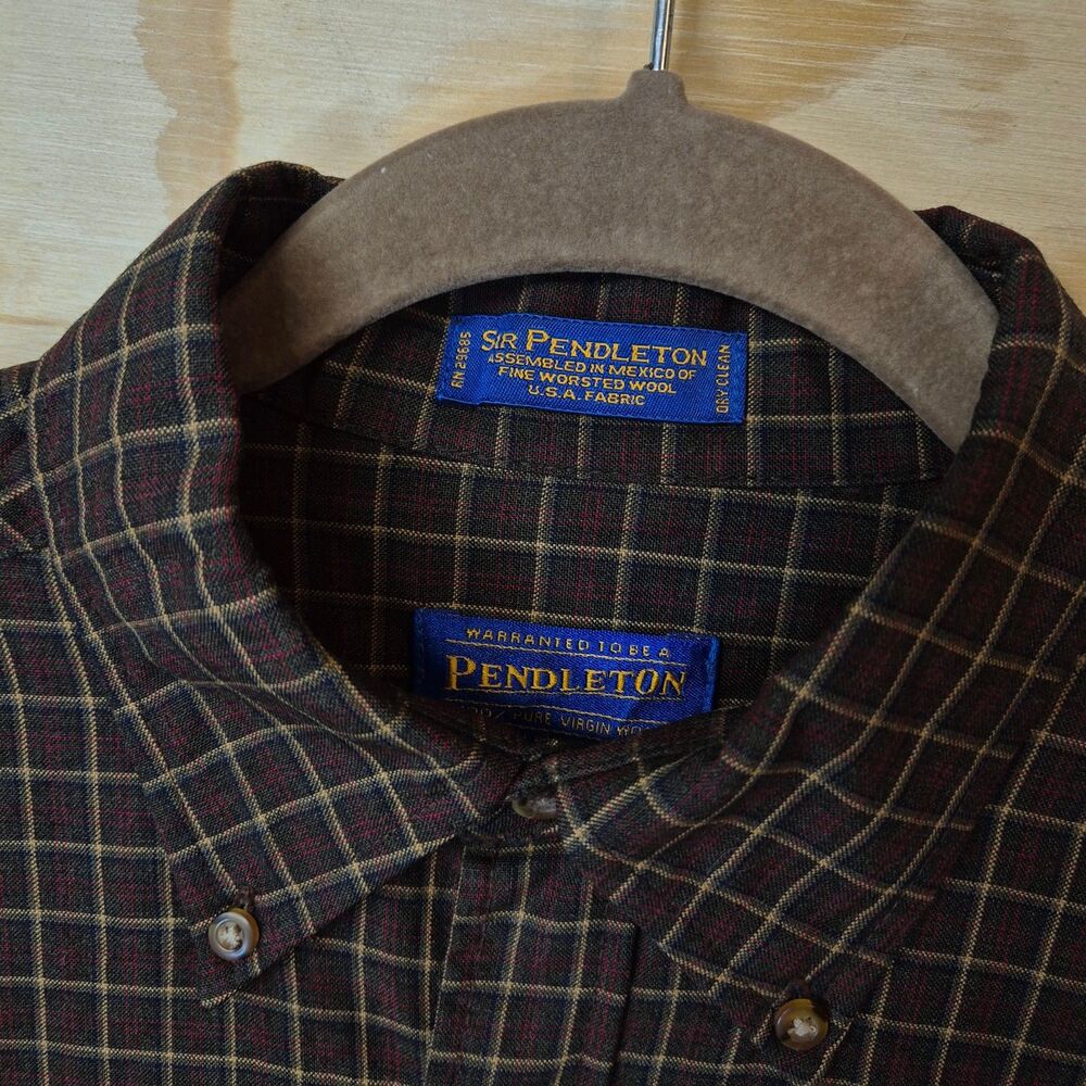 Pendleton Men's Medium 100% Wool Plaid Button Down Shirt Brown Burgundy Vintage